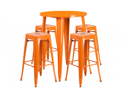 BLNK Coby Commercial Round Metal Indoor-Outdoor Bar Table Set with 4 Square Seat Backless Stools - Orange