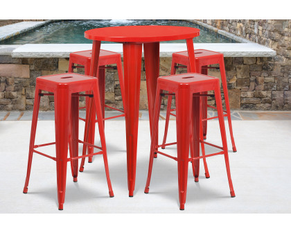 BLNK Coby Commercial Round Metal Indoor-Outdoor Bar Table Set with 4 Square Seat Backless Stools