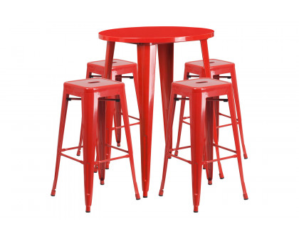 BLNK Coby Commercial Round Metal Indoor-Outdoor Bar Table Set with 4 Square Seat Backless Stools - Red