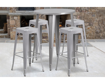 BLNK Coby Commercial Round Metal Indoor-Outdoor Bar Table Set with 4 Square Seat Backless Stools