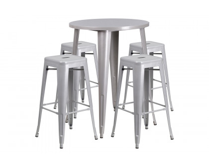 BLNK Coby Commercial Round Metal Indoor-Outdoor Bar Table Set with 4 Square Seat Backless Stools - Silver