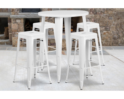 BLNK Coby Commercial Round Metal Indoor-Outdoor Bar Table Set with 4 Square Seat Backless Stools