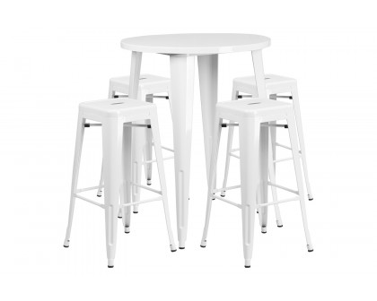 BLNK Coby Commercial Round Metal Indoor-Outdoor Bar Table Set with 4 Square Seat Backless Stools - White