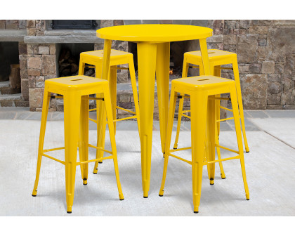 BLNK Coby Commercial Round Metal Indoor-Outdoor Bar Table Set with 4 Square Seat Backless Stools