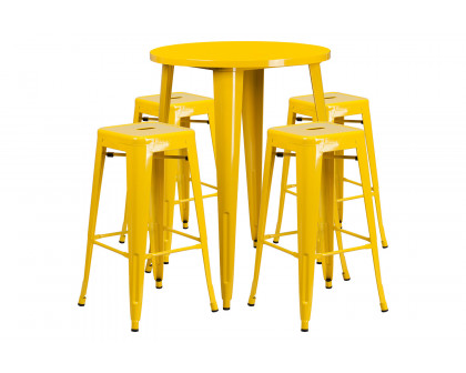 BLNK Coby Commercial Round Metal Indoor-Outdoor Bar Table Set with 4 Square Seat Backless Stools - Yellow