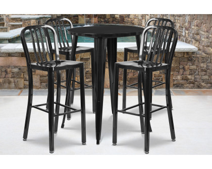 BLNK Tristan Commercial Round Metal Indoor-Outdoor Bar Table Set with 4 Vertical Slat Back Stools