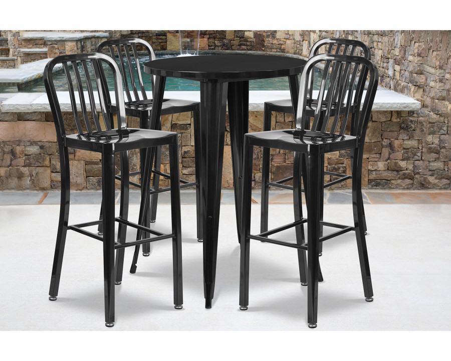 BLNK Tristan Commercial Round Metal Indoor-Outdoor Bar Table Set with 4 Vertical Slat Back Stools - Black