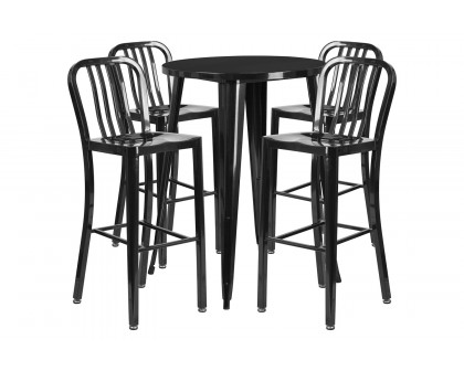 BLNK Tristan Commercial Round Metal Indoor-Outdoor Bar Table Set with 4 Vertical Slat Back Stools - Black