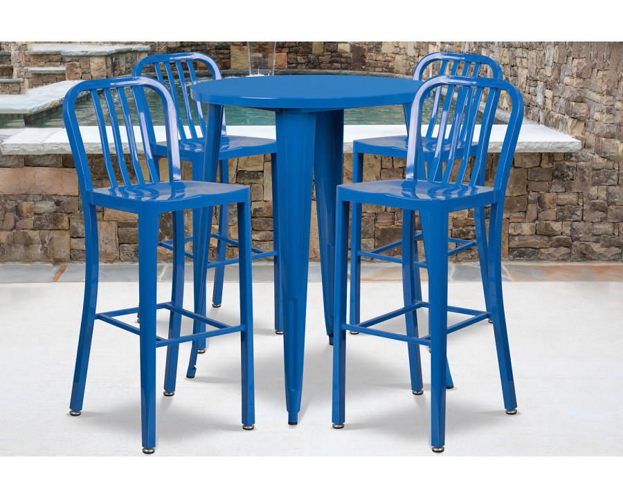 BLNK Tristan Commercial Round Metal Indoor-Outdoor Bar Table Set with 4 Vertical Slat Back Stools