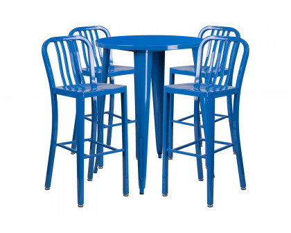 BLNK Tristan Commercial Round Metal Indoor-Outdoor Bar Table Set with 4 Vertical Slat Back Stools