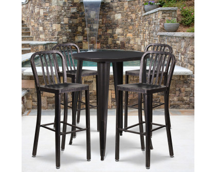 BLNK Tristan Commercial Round Metal Indoor-Outdoor Bar Table Set with 4 Vertical Slat Back Stools