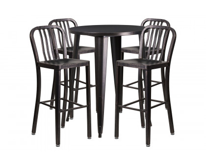 BLNK Tristan Commercial Round Metal Indoor-Outdoor Bar Table Set with 4 Vertical Slat Back Stools - Black/Antique Gold