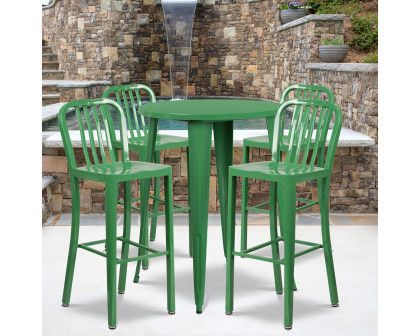 BLNK Tristan Commercial Round Metal Indoor-Outdoor Bar Table Set with 4 Vertical Slat Back Stools