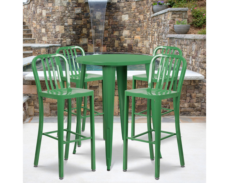 BLNK Tristan Commercial Round Metal Indoor-Outdoor Bar Table Set with 4 Vertical Slat Back Stools - Green