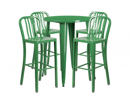 BLNK Tristan Commercial Round Metal Indoor-Outdoor Bar Table Set with 4 Vertical Slat Back Stools - Green