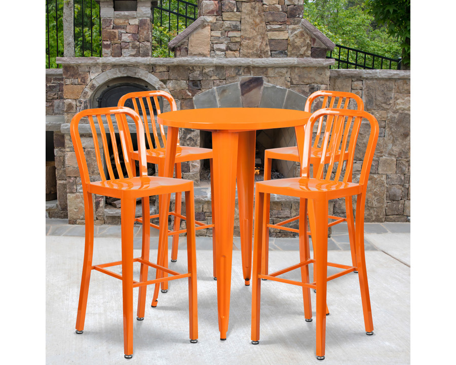 BLNK Tristan Commercial Round Metal Indoor-Outdoor Bar Table Set with 4 Vertical Slat Back Stools - Orange