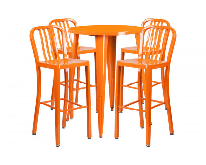 BLNK Tristan Commercial Round Metal Indoor-Outdoor Bar Table Set with 4 Vertical Slat Back Stools - Orange