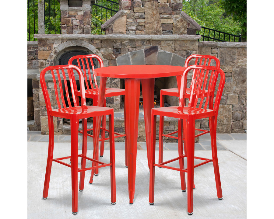 BLNK Tristan Commercial Round Metal Indoor-Outdoor Bar Table Set with 4 Vertical Slat Back Stools - Red