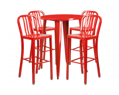 BLNK Tristan Commercial Round Metal Indoor-Outdoor Bar Table Set with 4 Vertical Slat Back Stools - Red