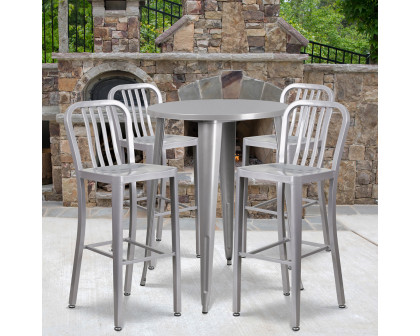 BLNK Tristan Commercial Round Metal Indoor-Outdoor Bar Table Set with 4 Vertical Slat Back Stools