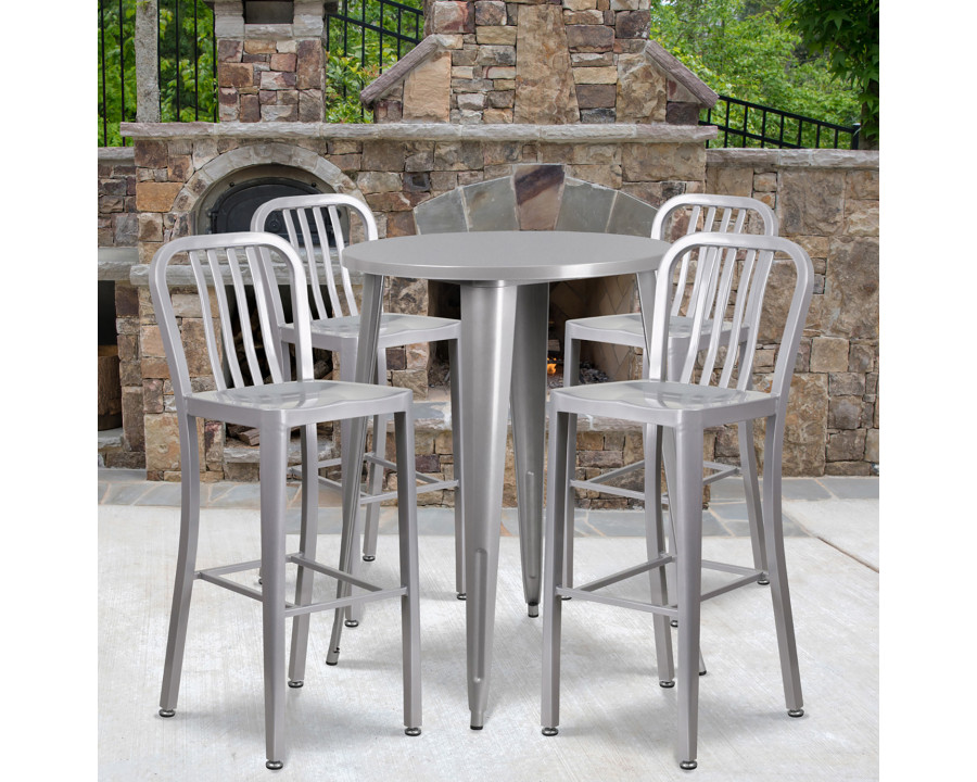 BLNK Tristan Commercial Round Metal Indoor-Outdoor Bar Table Set with 4 Vertical Slat Back Stools - Silver