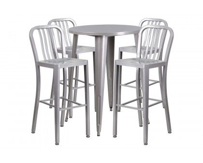 BLNK Tristan Commercial Round Metal Indoor-Outdoor Bar Table Set with 4 Vertical Slat Back Stools - Silver