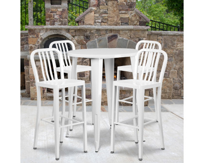 BLNK Tristan Commercial Round Metal Indoor-Outdoor Bar Table Set with 4 Vertical Slat Back Stools