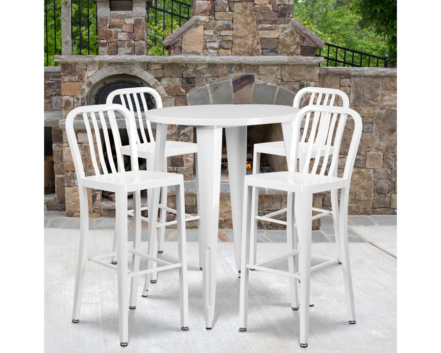 BLNK Tristan Commercial Round Metal Indoor-Outdoor Bar Table Set with 4 Vertical Slat Back Stools - White