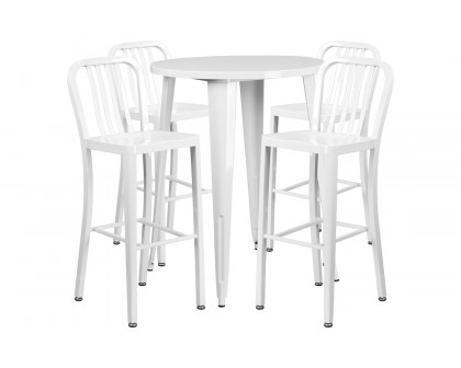 BLNK Tristan Commercial Round Metal Indoor-Outdoor Bar Table Set with 4 Vertical Slat Back Stools - White