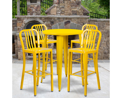 BLNK Tristan Commercial Round Metal Indoor-Outdoor Bar Table Set with 4 Vertical Slat Back Stools