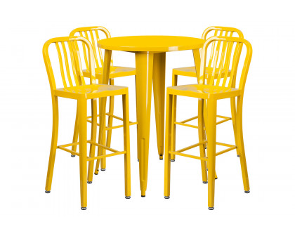 BLNK Tristan Commercial Round Metal Indoor-Outdoor Bar Table Set with 4 Vertical Slat Back Stools - Yellow