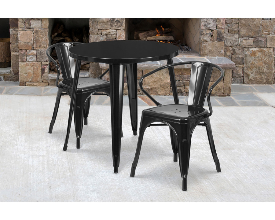 BLNK Conrad Commercial Round Metal Indoor-Outdoor Table Set with 2 Arm Chairs - Black