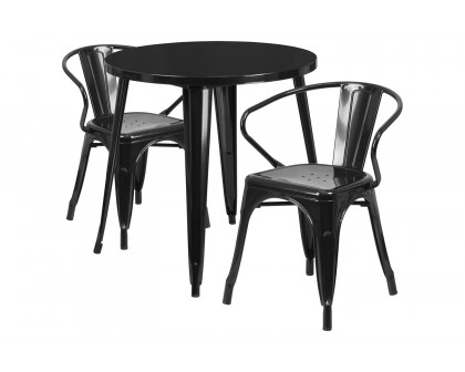 BLNK Conrad Commercial Round Metal Indoor-Outdoor Table Set with 2 Arm Chairs - Black