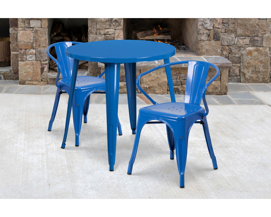 BLNK Conrad Commercial Round Metal Indoor-Outdoor Table Set with 2 Arm Chairs - Blue