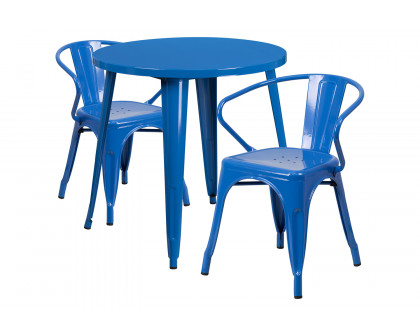 BLNK Conrad Commercial Round Metal Indoor-Outdoor Table Set with 2 Arm Chairs - Blue