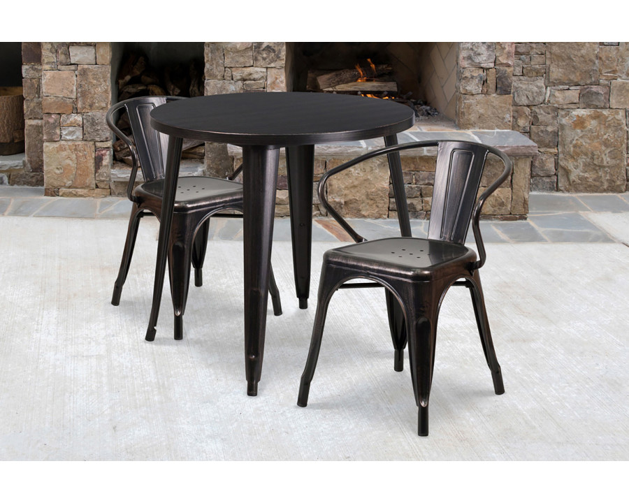 BLNK Conrad Commercial Round Metal Indoor-Outdoor Table Set with 2 Arm Chairs - Black/Antique Gold