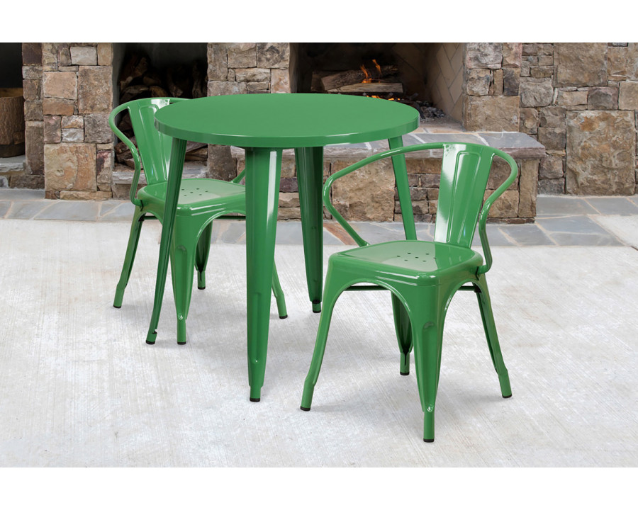 BLNK Conrad Commercial Round Metal Indoor-Outdoor Table Set with 2 Arm Chairs - Green