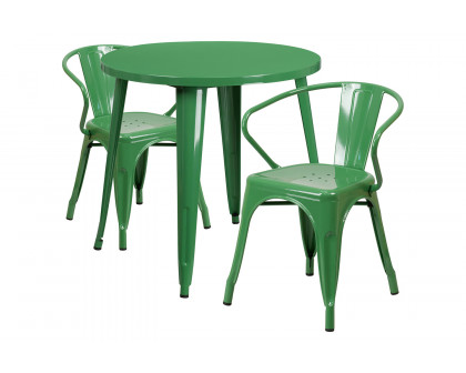 BLNK Conrad Commercial Round Metal Indoor-Outdoor Table Set with 2 Arm Chairs - Green