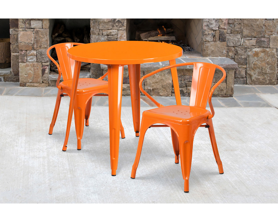 BLNK Conrad Commercial Round Metal Indoor-Outdoor Table Set with 2 Arm Chairs - Orange