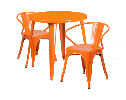 BLNK Conrad Commercial Round Metal Indoor-Outdoor Table Set with 2 Arm Chairs - Orange