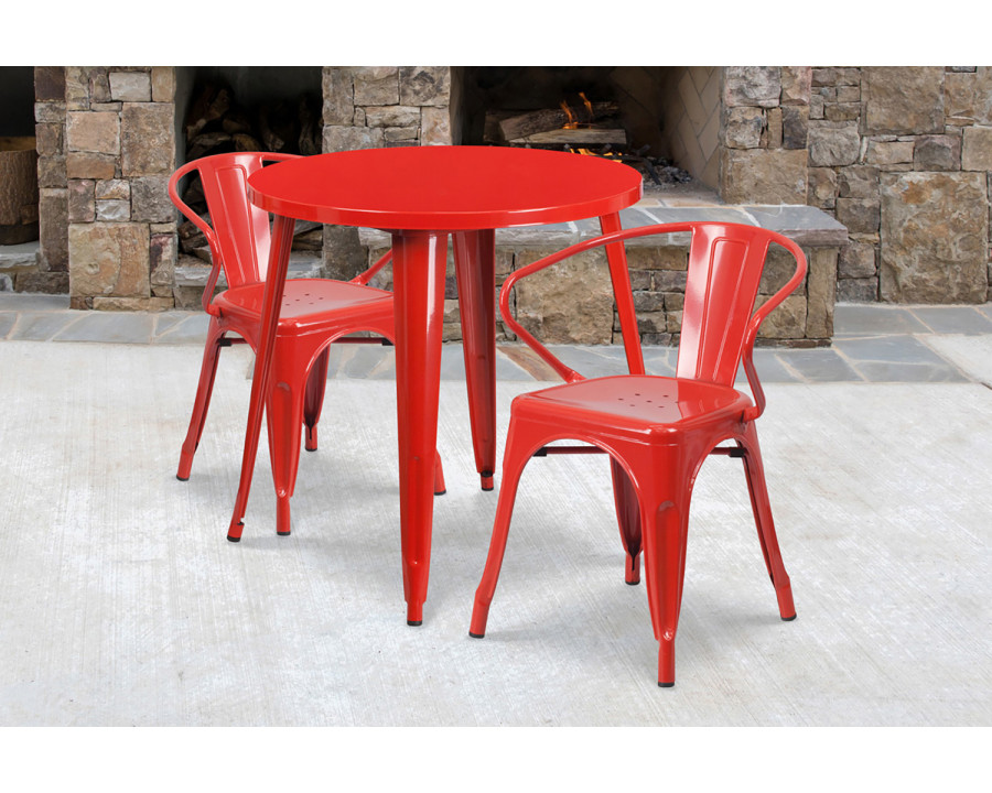 BLNK Conrad Commercial Round Metal Indoor-Outdoor Table Set with 2 Arm Chairs - Red