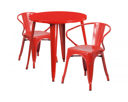 BLNK Conrad Commercial Round Metal Indoor-Outdoor Table Set with 2 Arm Chairs - Red