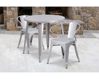 BLNK Conrad Commercial Round Metal Indoor-Outdoor Table Set with 2 Arm Chairs