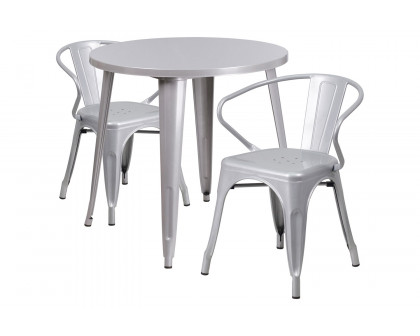 BLNK Conrad Commercial Round Metal Indoor-Outdoor Table Set with 2 Arm Chairs - Silver