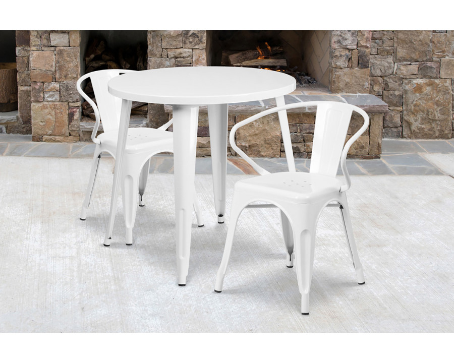 BLNK Conrad Commercial Round Metal Indoor-Outdoor Table Set with 2 Arm Chairs