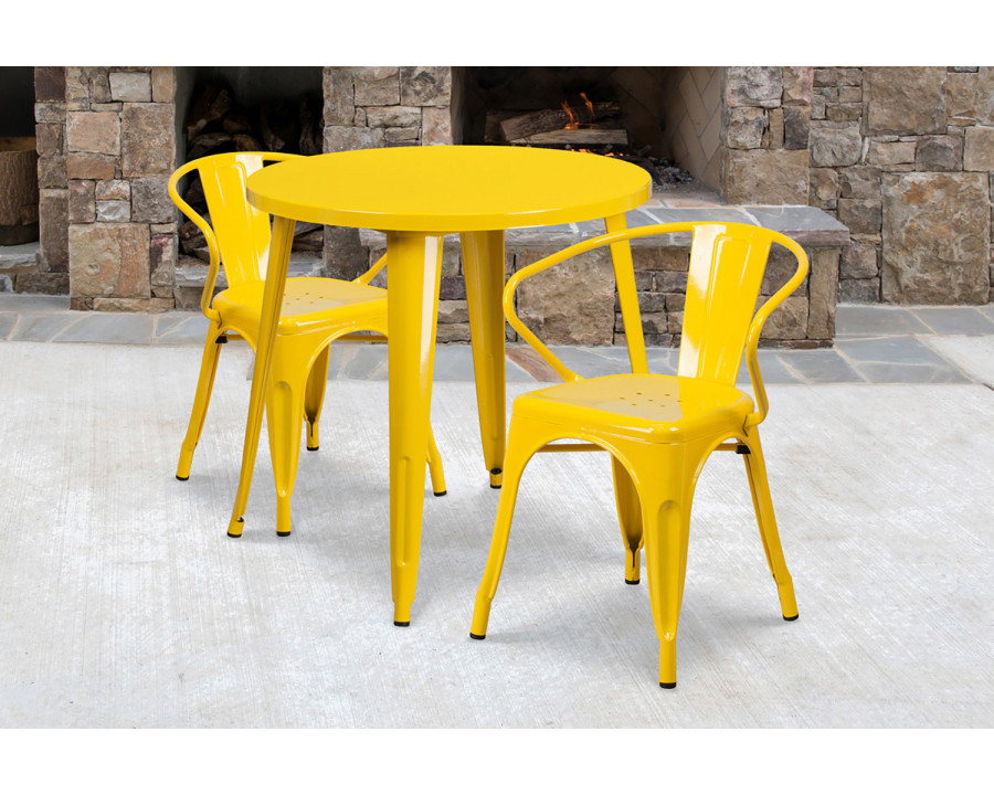 BLNK Conrad Commercial Round Metal Indoor-Outdoor Table Set with 2 Arm Chairs - Yellow