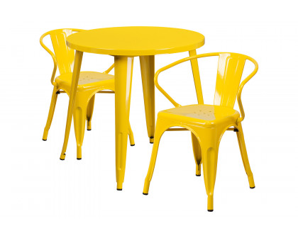 BLNK Conrad Commercial Round Metal Indoor-Outdoor Table Set with 2 Arm Chairs - Yellow