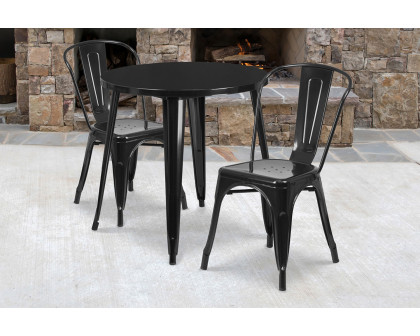 BLNK Baker Commercial Round Metal Indoor-Outdoor Table Set with 2 Cafe Chairs