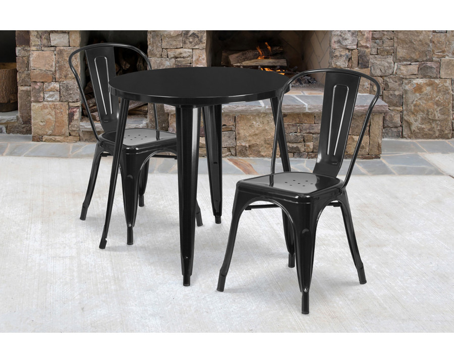 BLNK Baker Commercial Round Metal Indoor-Outdoor Table Set with 2 Cafe Chairs - Black