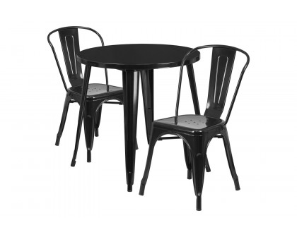 BLNK Baker Commercial Round Metal Indoor-Outdoor Table Set with 2 Cafe Chairs - Black